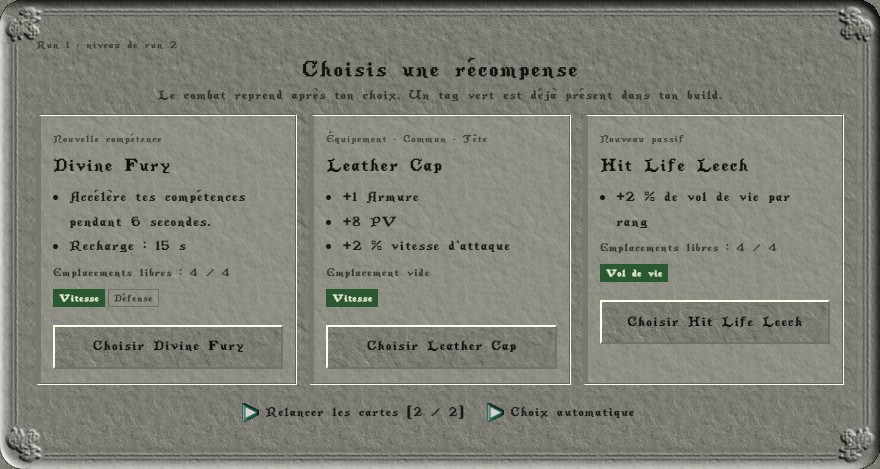 Une véritable offre de trois cartes de montée de niveau dans le jeu